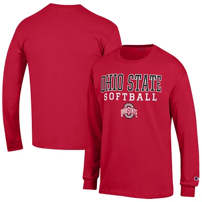 Men's Champion Scarlet Ohio State Buckeyes Softball Stack Long Sleeve T-Shirt
