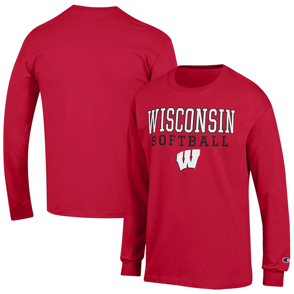 Men's Champion Red Wisconsin Badgers Softball Stack Long Sleeve T-Shirt