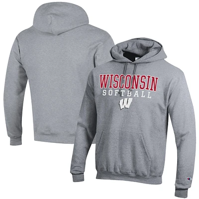 Men's Champion Gray Wisconsin Badgers Softball Stack Powerblend Pullover Hoodie