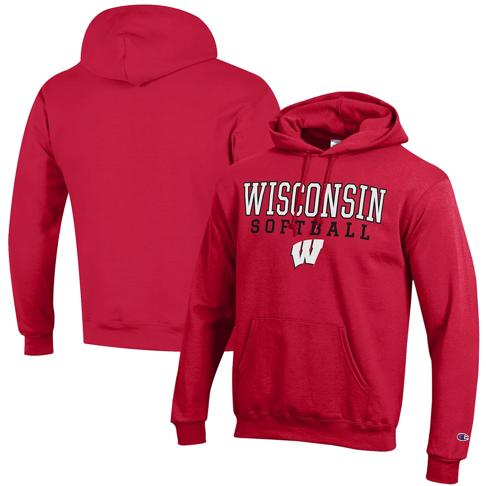 Men's Champion Red Wisconsin Badgers Softball Stack Powerblend Pullover Hoodie