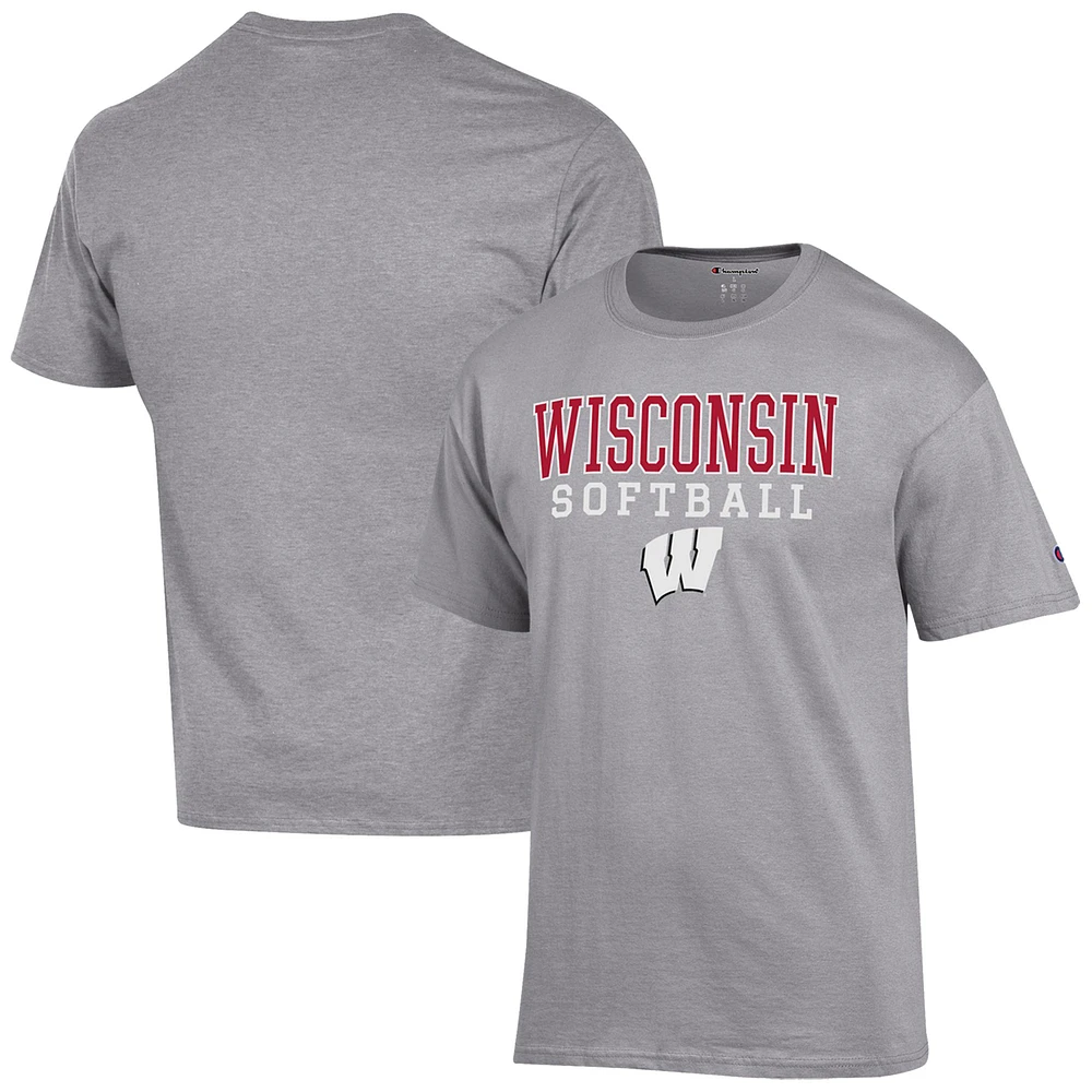 Men's Champion Gray Wisconsin Badgers Softball Stack T-Shirt