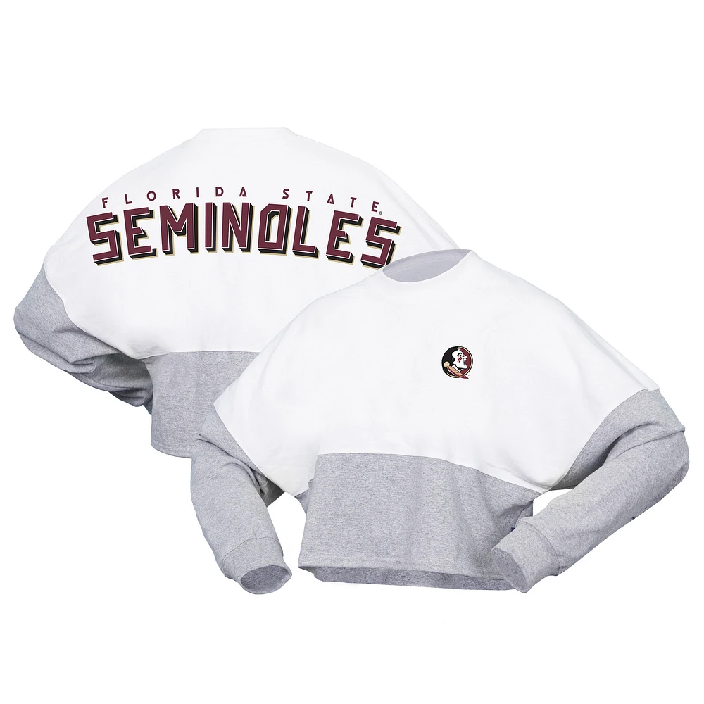 Women's Spirit Jersey White Florida State Seminoles Heather Block Cropped Long Sleeve T-Shirt