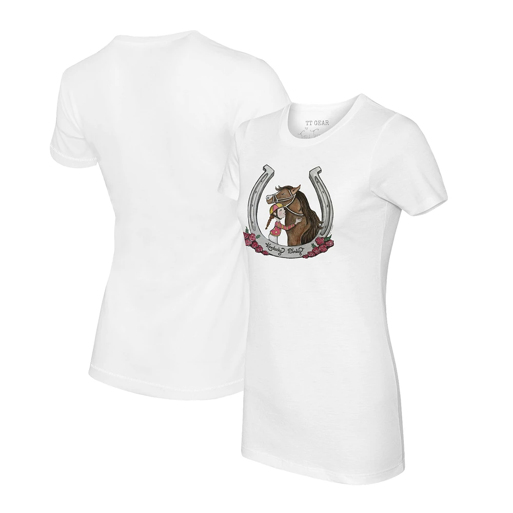 Women's Tiny Turnip White Kentucky Derby Horse Hug T-Shirt