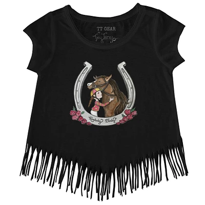 Toddler Tiny Turnip Black Kentucky Derby Horse Hug Fringe T-Shirt