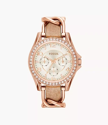 Riley Multifunction Rose Gold-Tone and Sand Leather Watch