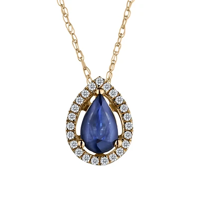 Genuine Blue Sapphire & .10 Carat Diamond Halo Pendant, 14kt Yellow Gold.....................NOW