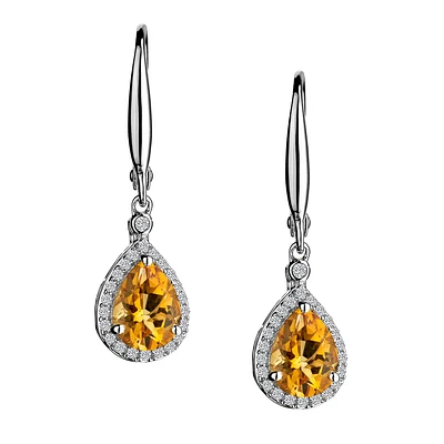 Genuine Citrine & Created White Sapphire Drop Earrings, Silver.....................NOW