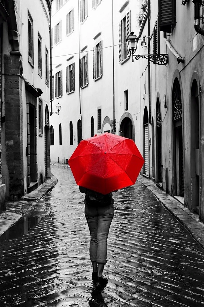 Lindy Baldo - Woman With Red Umbrella On Resto Street