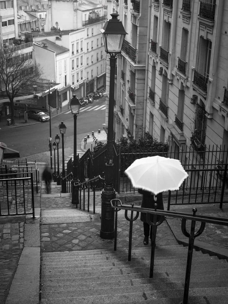 Assaf Frank - Woman with white umbrella standing on staircase Montmartre, Paris