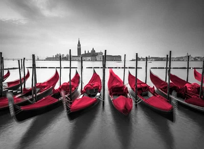 Assaf Frank - Bunch of Roses and umbrella on pier with gondolas moored canal, Venice, Italy