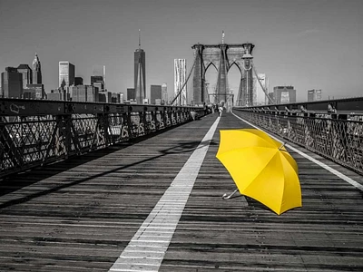 Assaf Frank - Yellow umbrella on pedestrian walkway Brooklyn bridge, New York