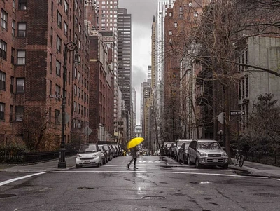 Assaf Frank - Tourist with yellow umbrella on street of Manhattan, New York