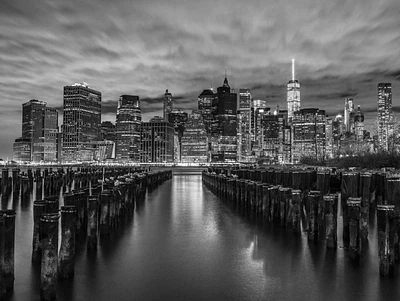 Assaf Frank - Manhattan skyline with rows of groynes foreground