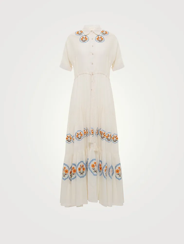 Natalie Organic Cotton Maxi Shirt Dress With Floral Embroidery