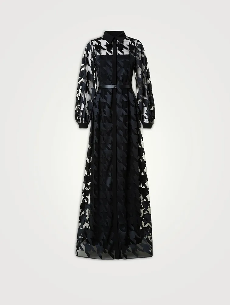 Belted Houndstooth-Embroidered Tulle Gown