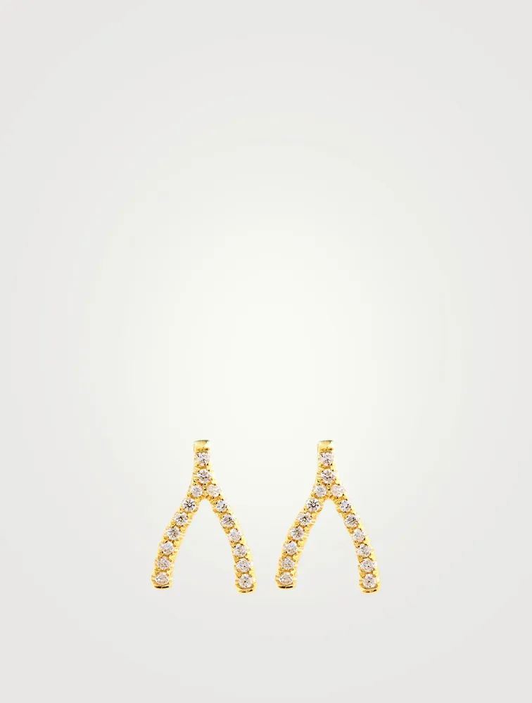 18K Gold Wishbone Stud Earrings With Diamonds