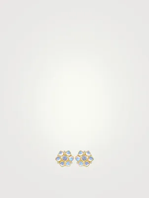 Small 18K Gold Cluster Earrings With Royal Blue Moonstone And Diamonds