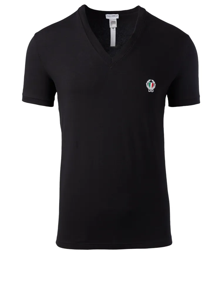 Cotton Stretch V-Neck T-Shirt With Logo Patch