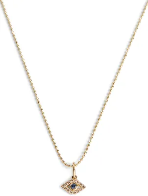 14K Gold Bezel Evil Eye Charm Necklace With Diamonds