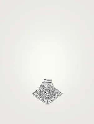 Small 14K White Gold Bezel Evil Eye Single Stud Earring With Diamonds