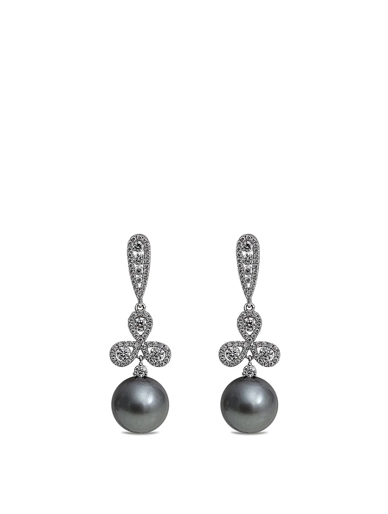 18K White Gold Tahitian South Sea Pearl Drop Earrings With Diamonds