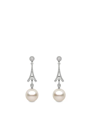 18K White Gold Australian South Sea Pearl Drop Earrings With Diamonds