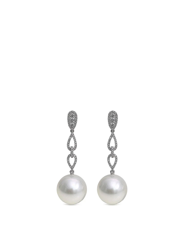18K White Gold Australian South Sea Pearl Drop Earrings With Diamonds