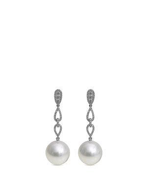 18K White Gold Australian South Sea Pearl Drop Earrings With Diamonds