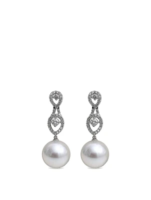 18K White Gold Australian South Sea Pearl Drop Earrings With Diamonds