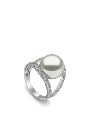 18K White Gold Australian South Sea Pearl Double Band Ring With Diamonds