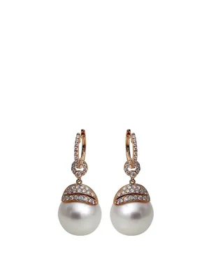 18K Yellow Gold Pearl Leaf Drop Earrings With Diamonds