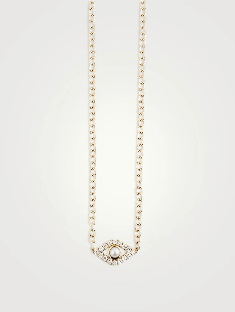 XL 14K Gold Evil Eye Necklace With Diamonds And Pearl