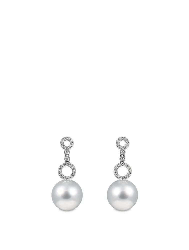 18K White Gold Pearl Drop Earrings With Diamonds