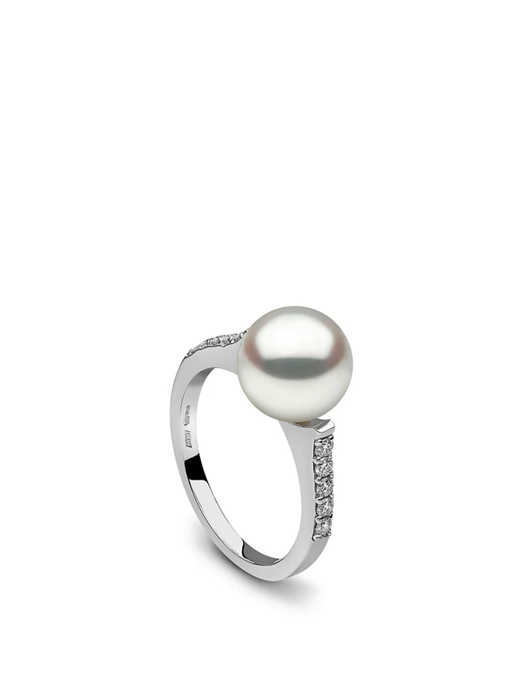 18K White Gold Pearl Ring With Diamonds