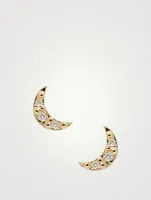 Aztec 14K Gold Moon Crescent Stud Earrings With Diamonds