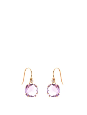 14K Yellow Gold Cushion Drop Earrings With Rose De France And Diamonds