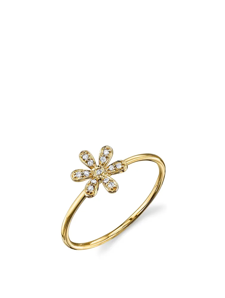 14K Yellow Gold Flower Ring With Diamonds