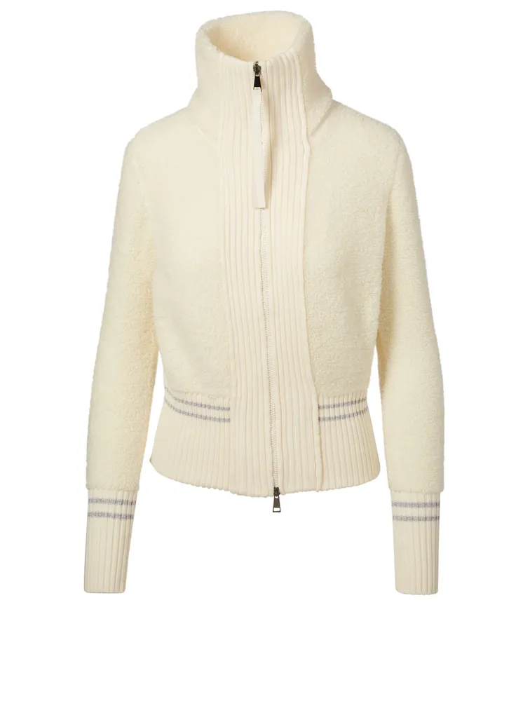 Zip-Up Down Wool Cardigan With Stripe