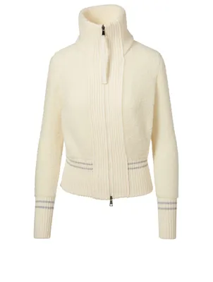 Zip-Up Down Wool Cardigan With Stripe
