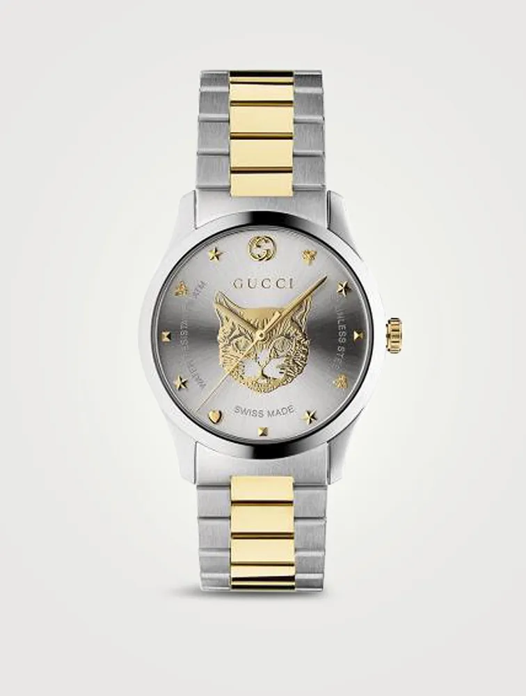 G-Timeless Large Feline Head Two-Tone Stainless Steel Bracelet Watch