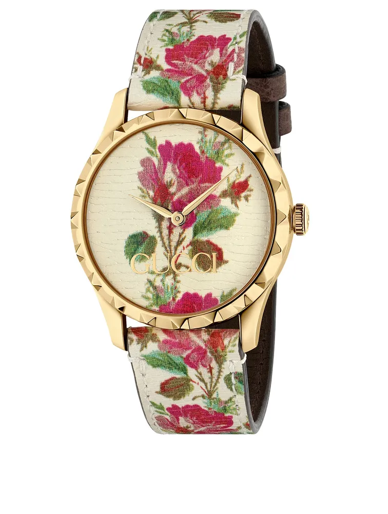 G-Timeless Flower Leather Strap Watch