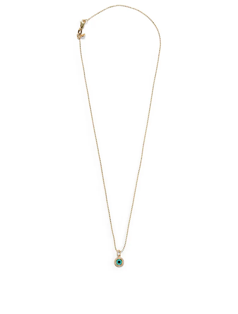 14K Gold Enamel Evil Eye Charm Necklace With Diamonds