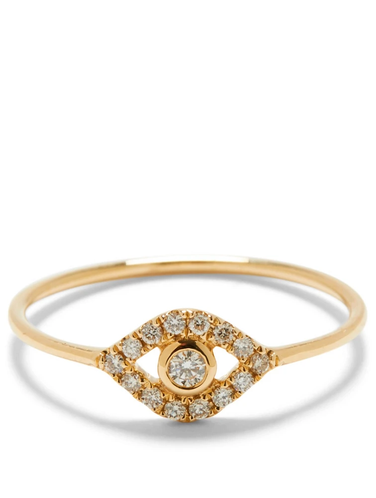 Large 14K Gold Bezel Evil Eye Ring With Diamonds