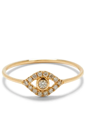 Large 14K Gold Bezel Evil Eye Ring With Diamonds