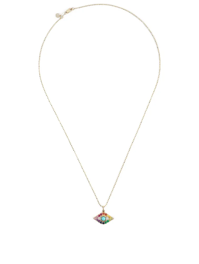 Extra Large 14K Gold Bezel Evil Eye Charm Necklace With Turquoise And Multicolour Sapphires