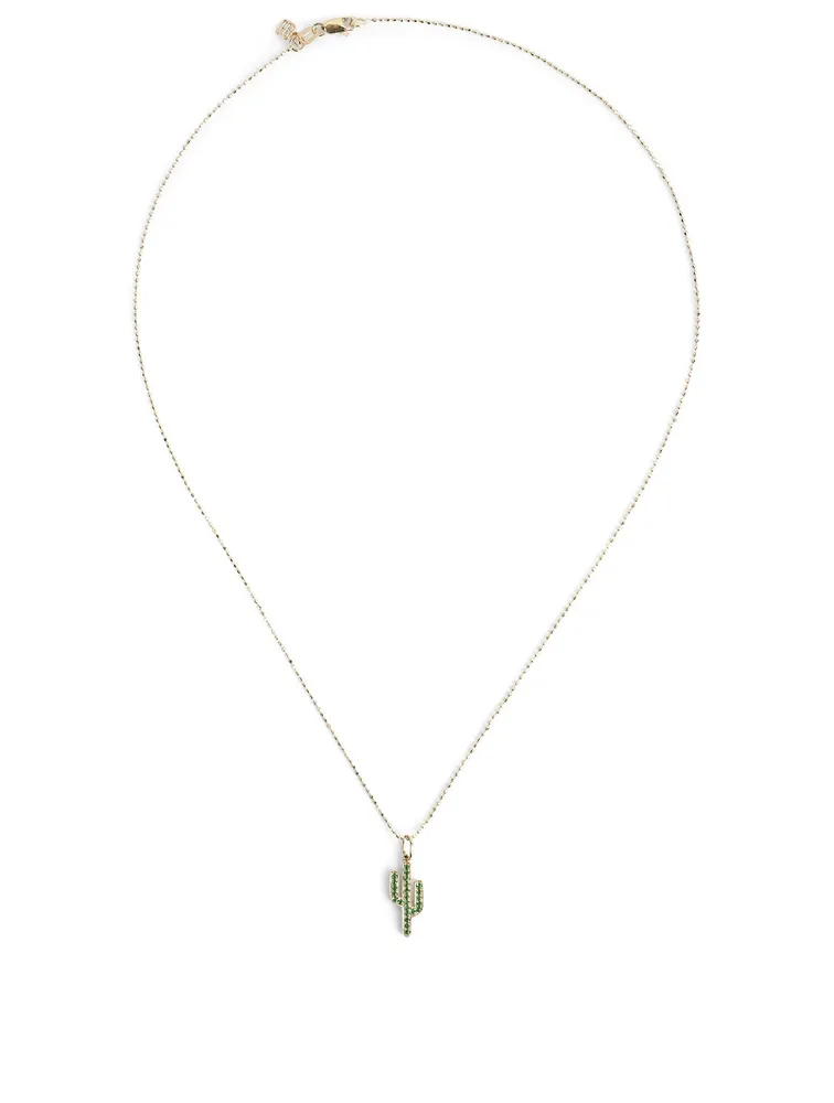14K Gold Cactus Charm Necklace With Emeralds