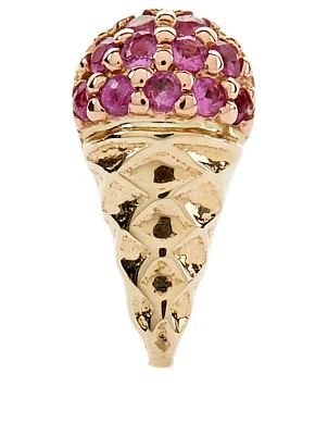 Small 14K Gold Ice Cream Cone Stud Earring With Pink Sapphires