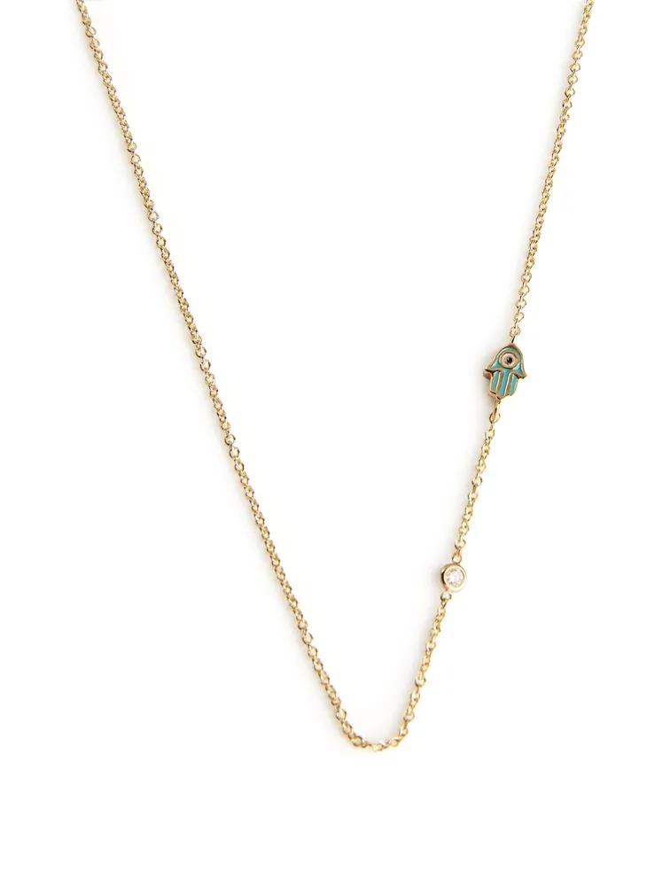 Mini 14K Gold Hamsa Necklace With Diamond Bezel