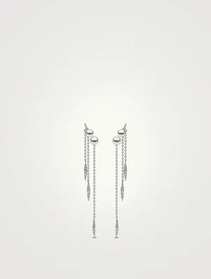 18K White Gold Triple Chain Earrings With Pearls and Diamonds