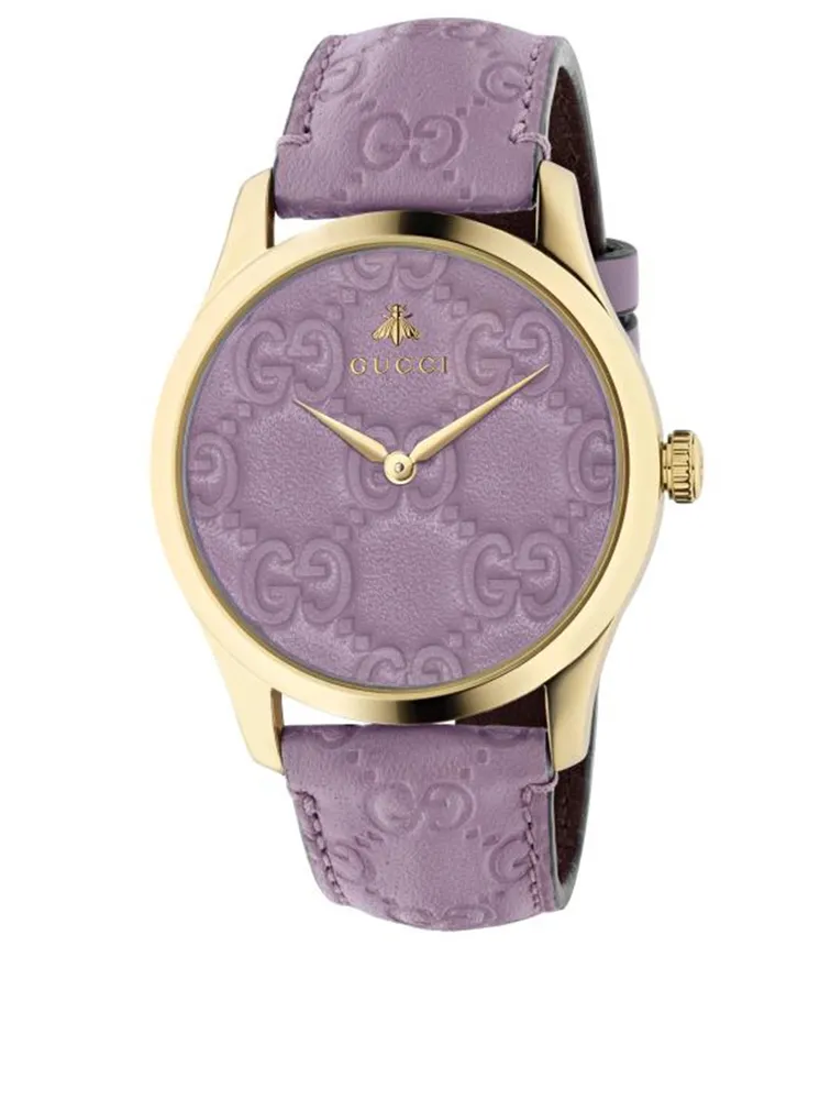 G-Timeless Debossed Leather Strap Watch